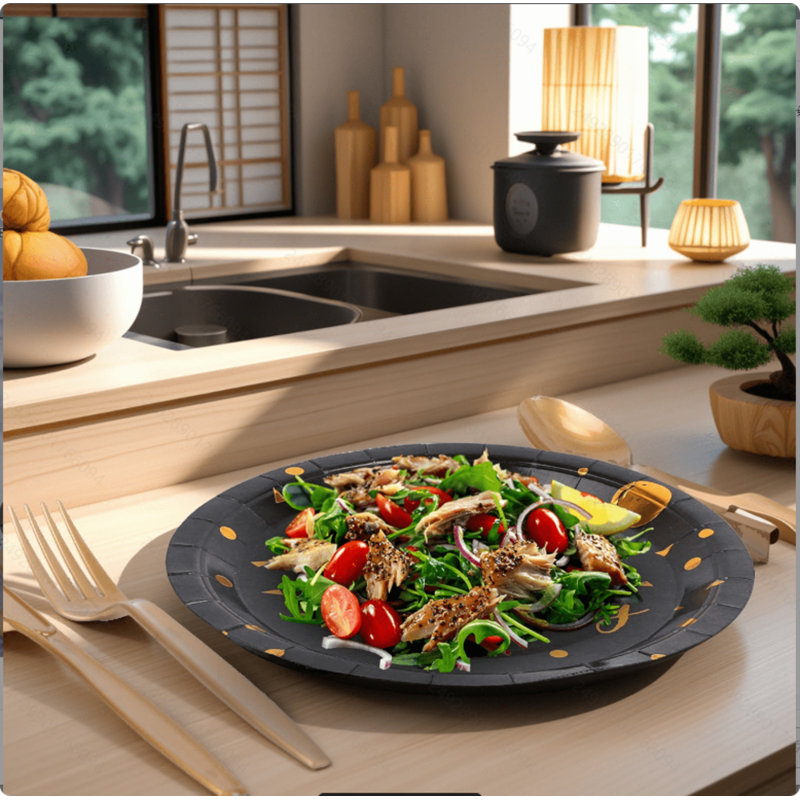 Ensemble de vaisselle jetable noir et or Happy Birthday avec assiettes, tasses, couverts et serviettes de table