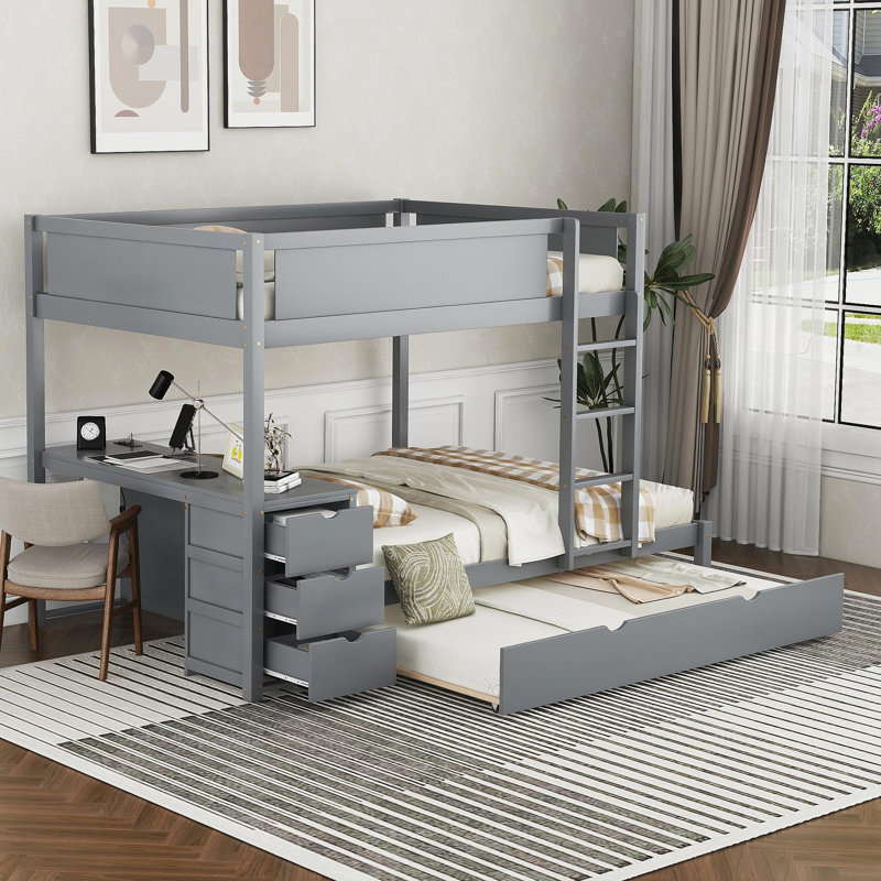Lit superposé double avec lit gigogne simple, rangement et bureau, gris, Complète