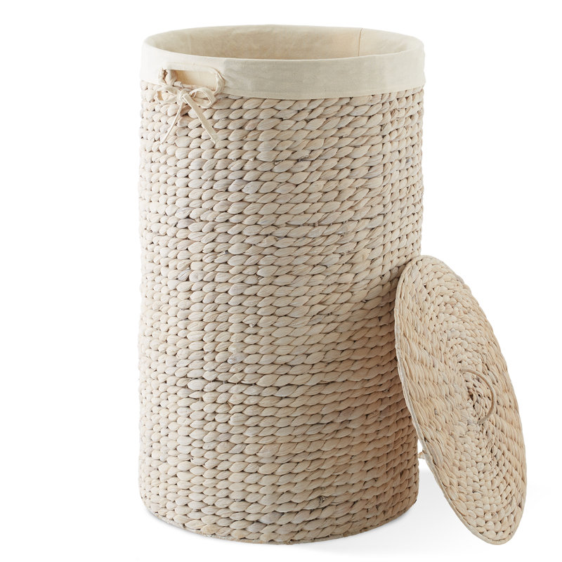 Round Laundry Hamper Basket with Lid and Liner for Clothes - Whitewash Hyacinth, Whitewash