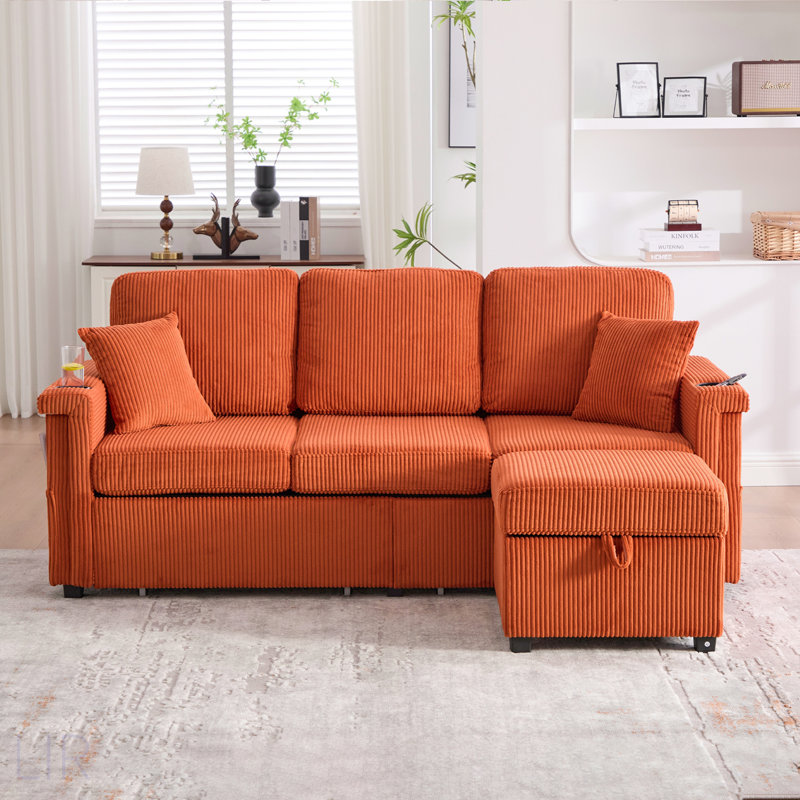 Canapé modulaire en L avec rangement coulissant, repose-pieds et coussins, 3 sièges avec chargement USB, porte-gobelet, conception convertible pour le salon, tissu en velours côtelé