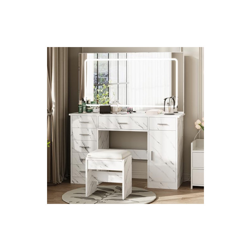 Vanity Desk with Large Mirror and Lights, Makeup Vanity with Charging Station, 3 Lighting Modes Adjustable Brightness