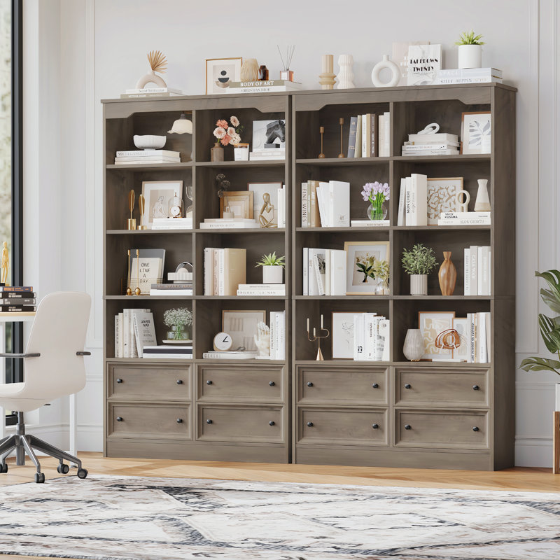 Kirklyn 6-Tier Standard Bookcase with 4 Drawers, Gray