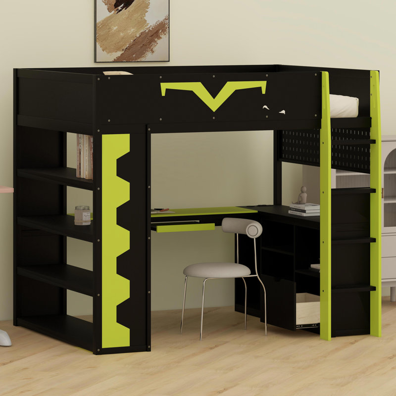 Pro-Gamer Loft Bed Featuring Integrated Workspace, Customizable LED Lights, Power Hub, Bookshelf, Pegboard And Storage Solutions