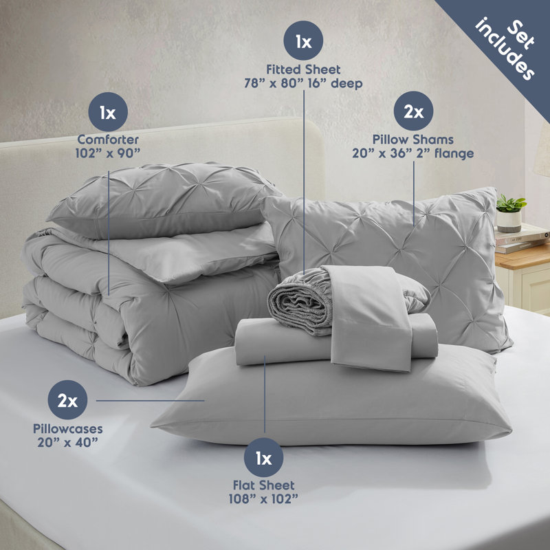Ensemble d'édredon plissé avec draps Bed-in-a-Bag, Édredon de très grande taille et 6 pièces suppl, Gris clair