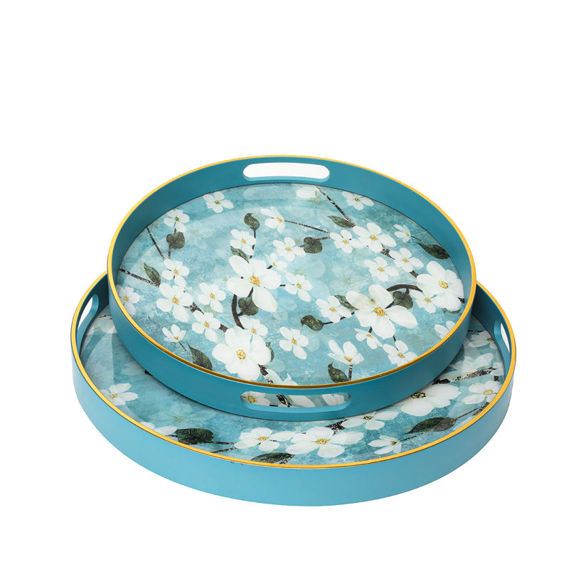 Akasya 2 piece Glass Decoration Tray for Living Room Decor, Agate Design Round Plastic Serving Tray, White/Blue