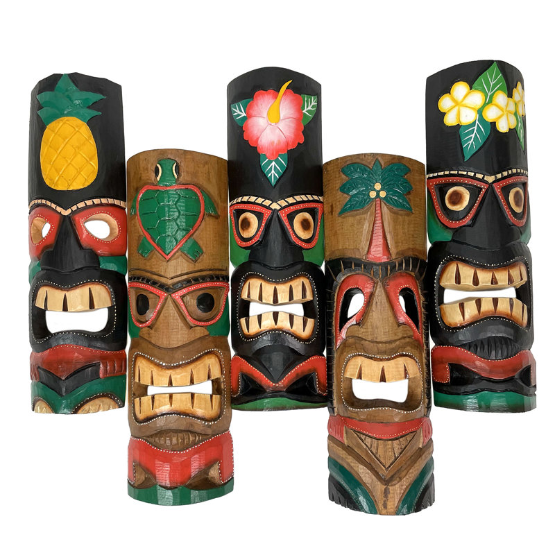 Tropical Polynesian set of 5 multicolored hand-carved sustainable Indonesian Albesia wood tiki wall masks — 19.75" H x 5.75" W x 2.5" D