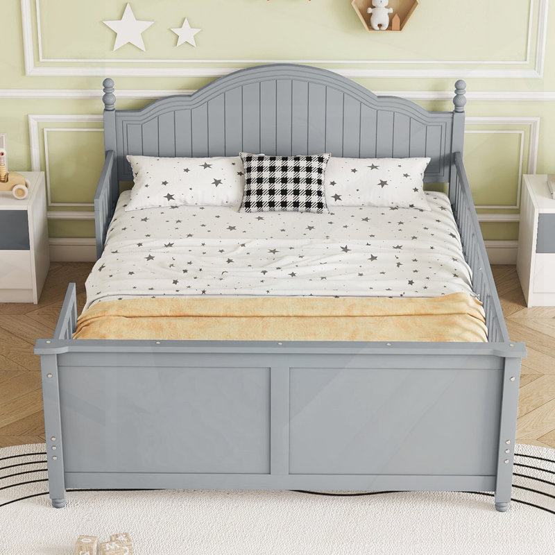 Lit plateforme double en bois avec tête de lit, pied de lit et garde-corps de sécurité pour enfants, Lit double, Gris