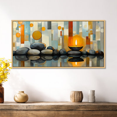 Pierres zen grises et jaunes avec une lueur de bougie - impressions encadrées apaisantes, décoration murale minimaliste