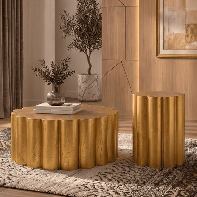 301 Modern 2-Piece Coffee Table and End Table Set with Scalloped Aluminum Design in Gold