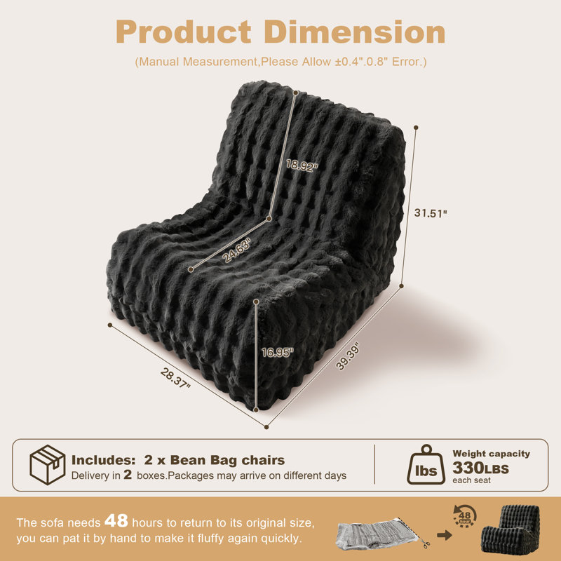 28.37'' Armless Bean Bag Chair Lounger Fireside Chair Mid Century Foam Chair, No Assembly Required (Set Of 2）, Dark Gray