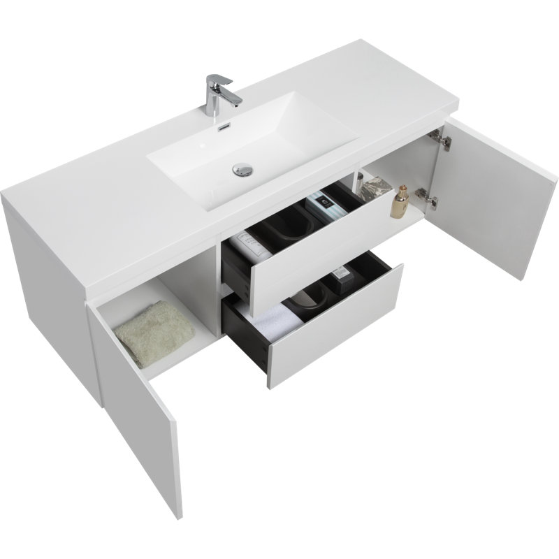 Meuble-lavabo flottant avec lavabo et meuble-lavabo, Blanc, 59"