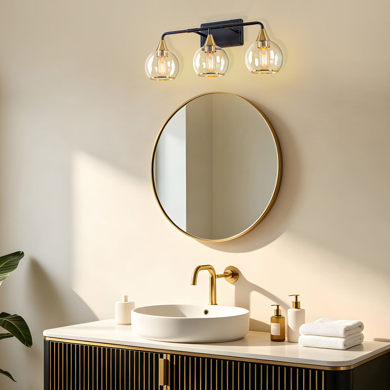 Éclairage pour salle de bain moderne à 3 lumières avec abat-jour en verre transparent, Noir mat / Or
