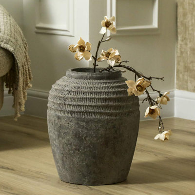 Aaryona 36cm Antique Dark Grey Terracotta Pot, Pottery Stone Finish Floor Vase for Living Room & Home Decor