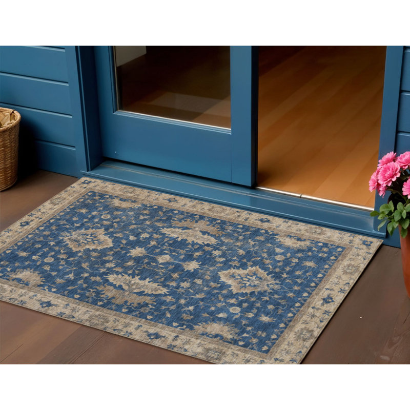 Tapis extérieur lavable floral bleu marine et beige 3 pi x 5 pi
