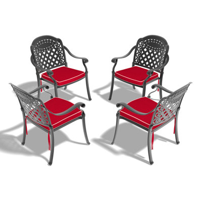 Chaise de patio en fonte d'aluminium 4 pièces avec cadre noir et coussins rouges (Identique à W1710S00505)
