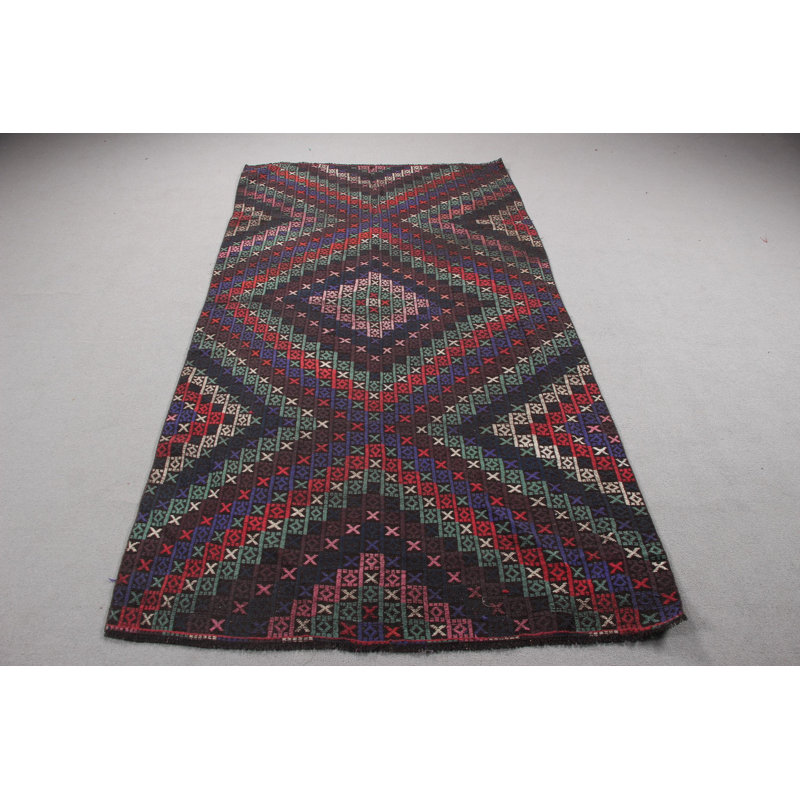 Kilim turc rétro brodé à la main en vert vif idéal pour rehausser le tapis de la salle à manger