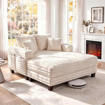 64" Oversized Upholstered Chaise Lounge Chair With Solid Wood Frame, Deep Seating & Soft Fabric, Living Room Indoor Accent Chair For Lounging & Reading (Corduroy, Beige)