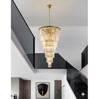 Transitional 34-Light 7-Tier Brass Chandelier With Clear Crystals