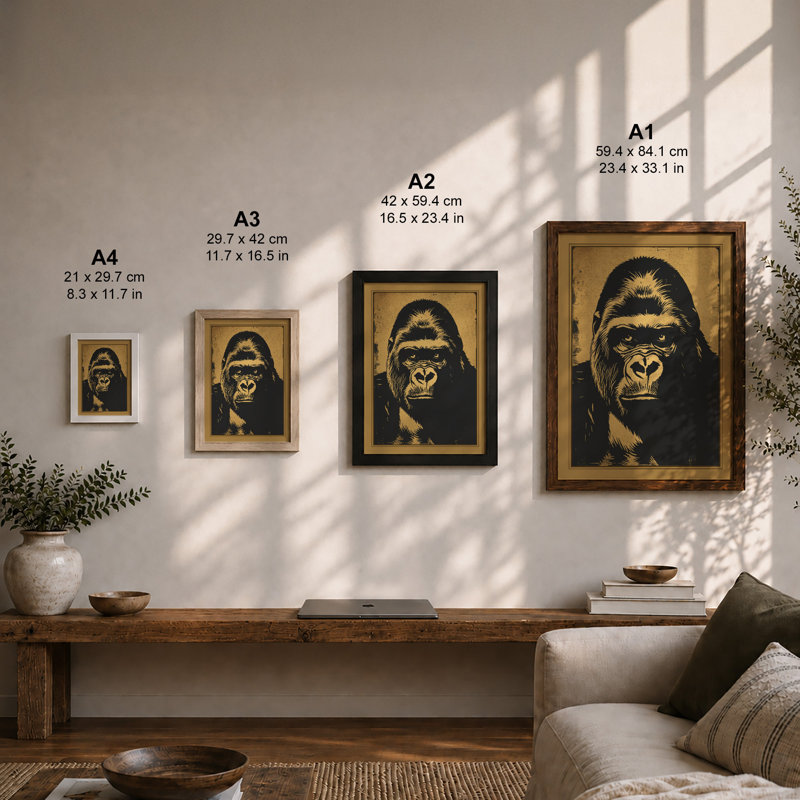 Gorilla Stare Rustic - Framed Print, Walnut, A3 - 42.0 x 29.7 cm