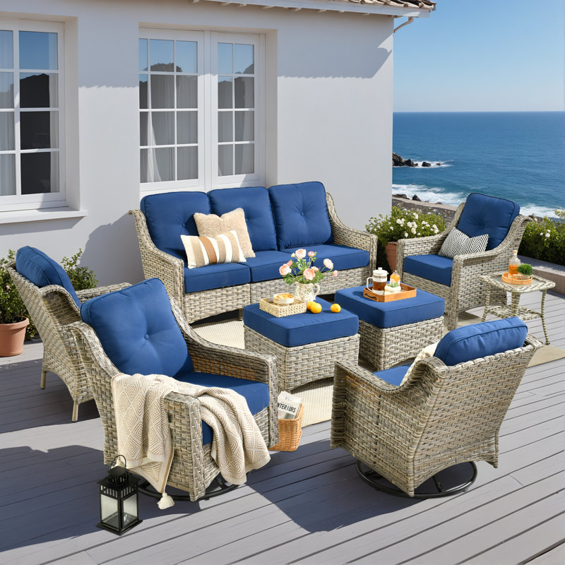 Sturgill 7-Person Outdoor Wicker Patio Furniture Set with Swivel Rocker Chairs&Cushions, All-Weather Rattan Sofa Set for Backyard, Porch & Garden