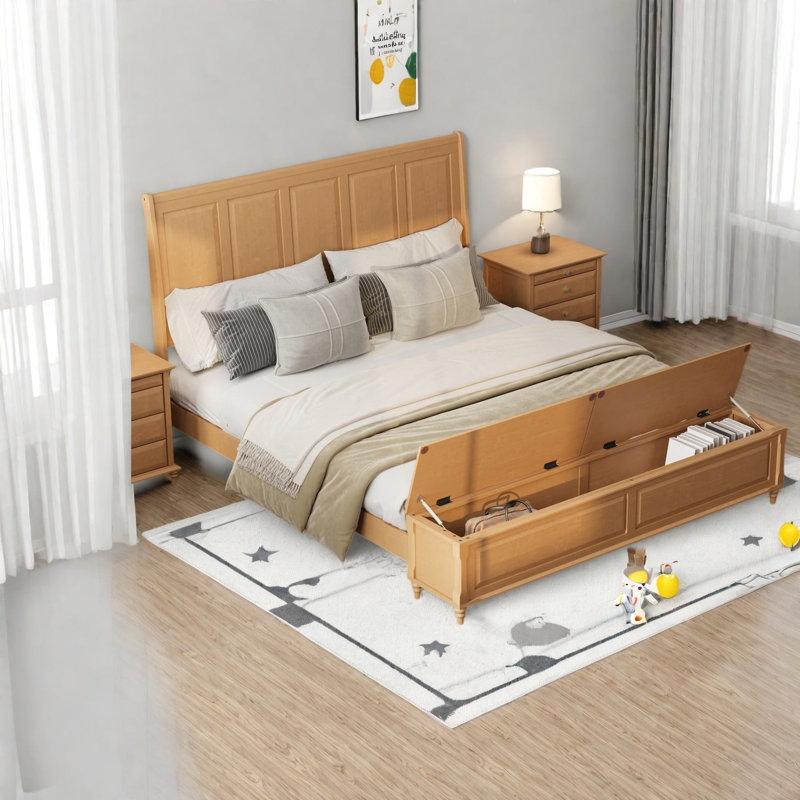 Lits avec banc de rangement, cadre de lit traîneau en bois King, maison de style ferme moderne