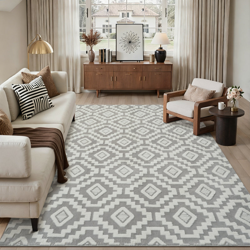 Tapis à poils longs lavable Charles avec envers antidérapant, Gris, Rectangulaire 8 pi x 10 pi