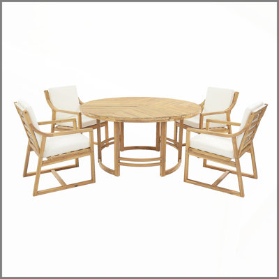 Ensemble de salle à manger d'extérieur 5 pièces Ensemble de table d'extérieur et chaises avec trou de parasol pour patio, jardin, teck clair et coussin beige