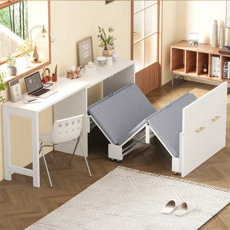 Lit simple escamotable avec commode à hauteur réglable, commode escamotable avec coussin pliable