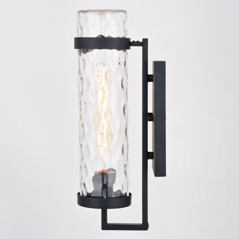 Herrington 15.5 in. H 1-Light Textured Black Transitional Outdoor Wall Sconce made of Durable Metal, Clear Water Glass Shade, LED Compatible, Use for Exterior Porch Patio Front Door or Garage