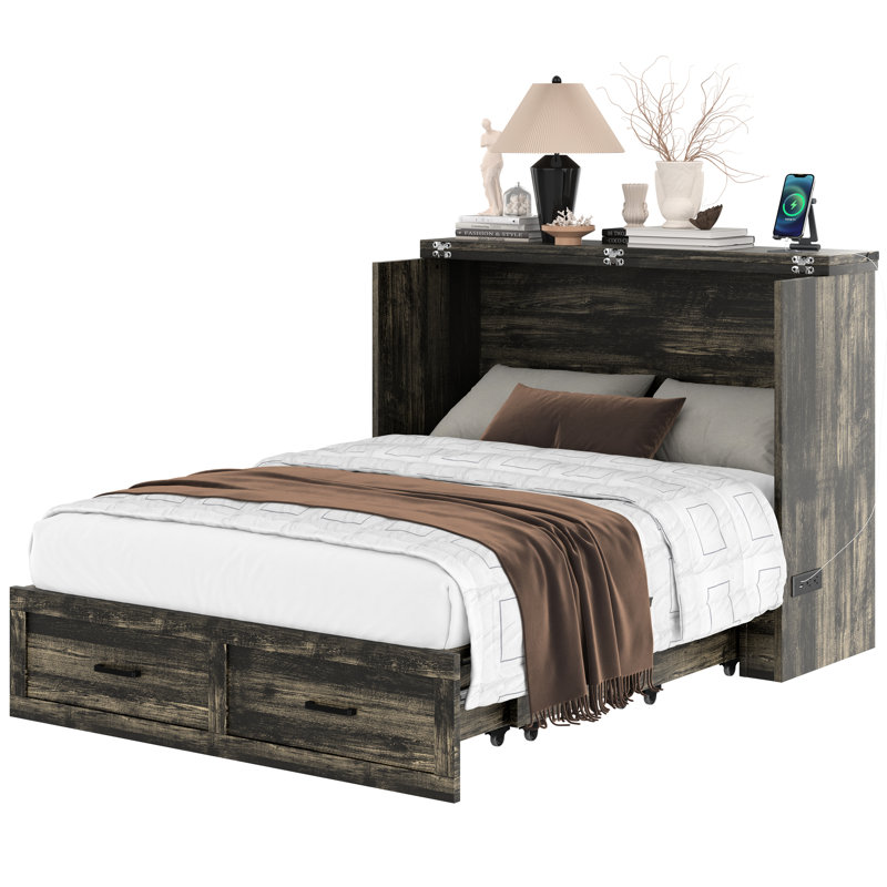 Full Size Rustic Gray Bed With Built - In Charging Station And Storage Drawer, Foldable For Saving Space Small Bedrooms Guest Rooms Apartments Multi Functional Cabinet Gray, Ideal Home Offices