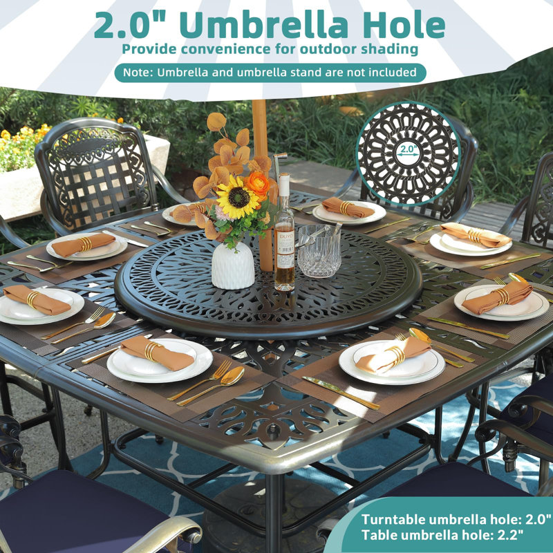 10-piece Outdoor Bar Set, All Weather Cast Aluminum High Patio Dining Set With 8 Cushioned Swivel Bar Stools, Large 64" Square Patio Bar Height Table With Detachable Lazy Susan, Umbrella Hole