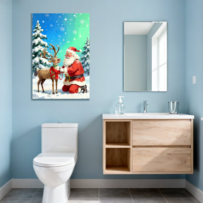 Noël père Noël avec renne dans la forêt enneigée