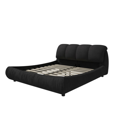 Black Upholstered Platform Bed, Queen Size, With Solid Wood Construction And Soft Headboard Luxury Black, Oversized Padded Slats