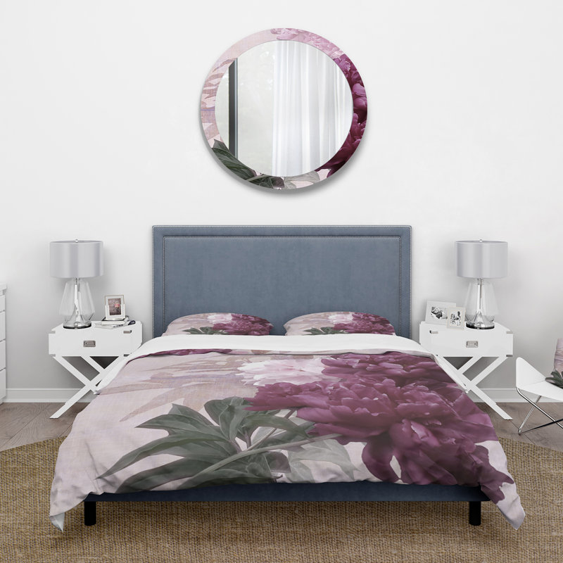 Fleurs rétro mauves et roses I - ensemble de housse de couette traditionnel - microfibre de polyester