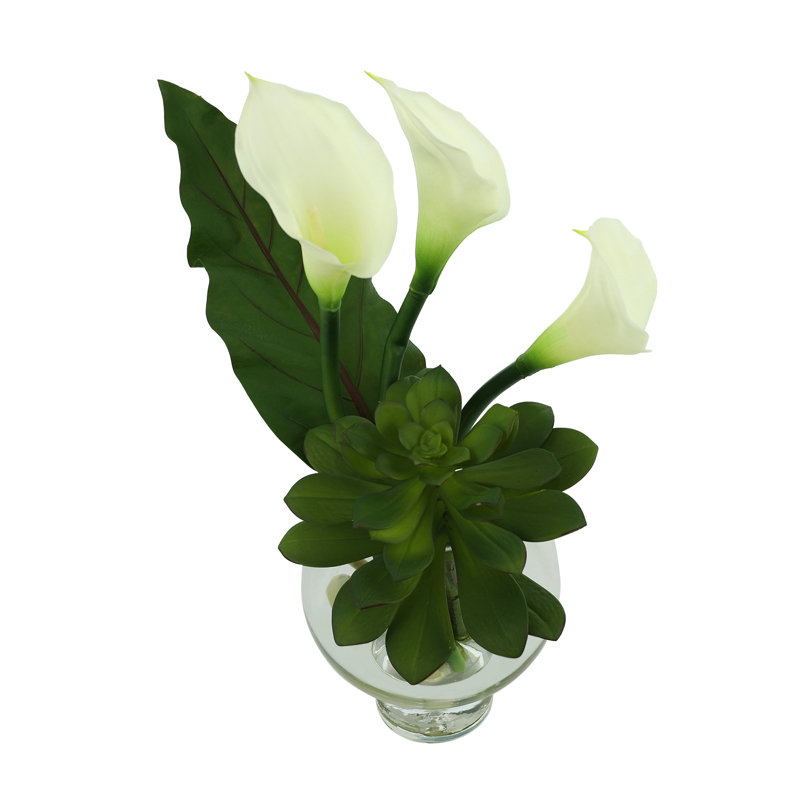 Faux floral moderne avec lis Calla et plantes grasses, H 20 po x l 11 po x P 16 po