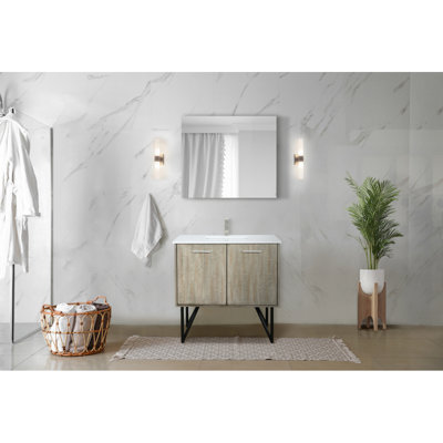 Rustic Acacia Bath Vanity 36 In. W X 20 In. D, White Quartz Top, Brushed Nickel Faucet Set And 28 In. Mirror