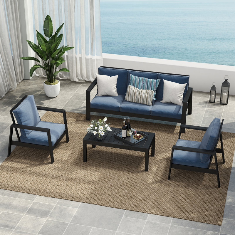 Brandtley Aluminum 4-Piece Outdoor Sofa Seating Group With Cushions, Blue