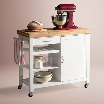 Chariot-bar roulant sur roulettes ClickDecor Denver Island, station portative, mobilier rustique de style Mid-Century avec armoires de rangement, blanc campagne