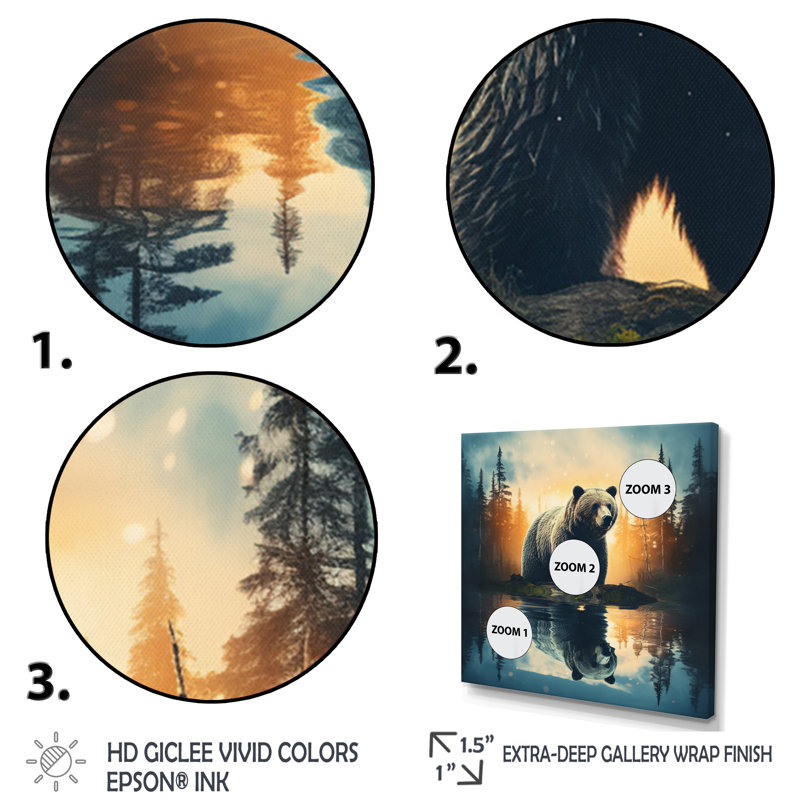 «Double Exposure Bear», art mural grand ours, Cadre flottant doré, H 24 po x l 24 po x P 1 po