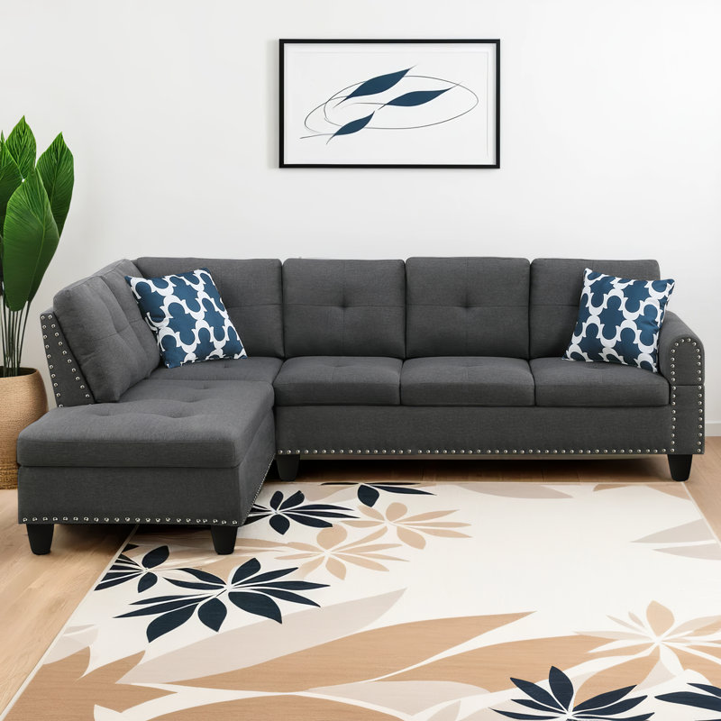 Antoneta Upholstered L-Shaped Sectional Left Hand Facing, Black Linen, Blue