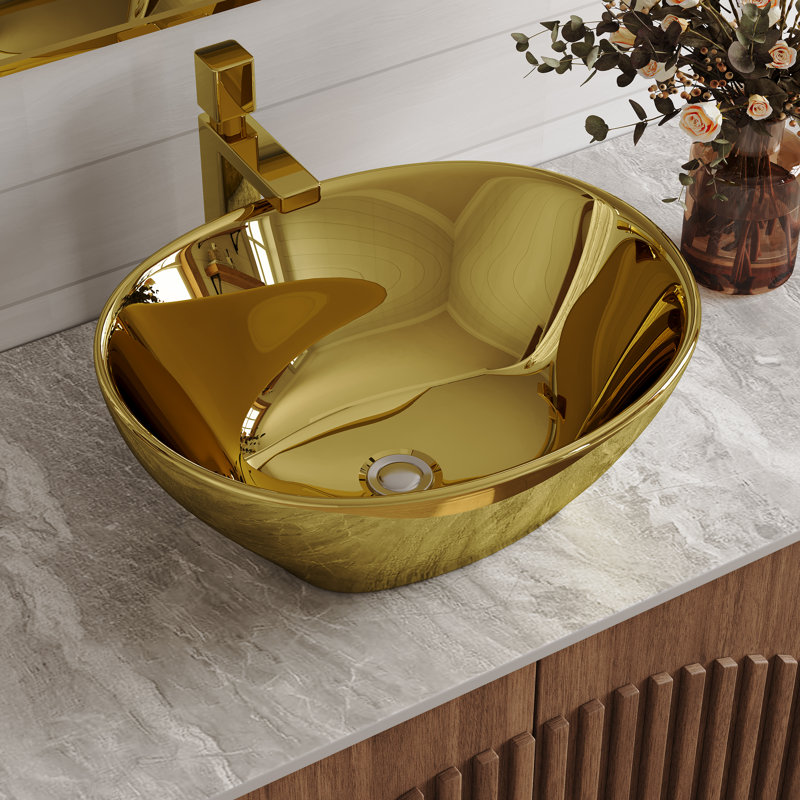 Oval Gold Vessel Sink, 5.3" H X 15.75" L X 12.8" W, Fits 3.35" Countertop Hole