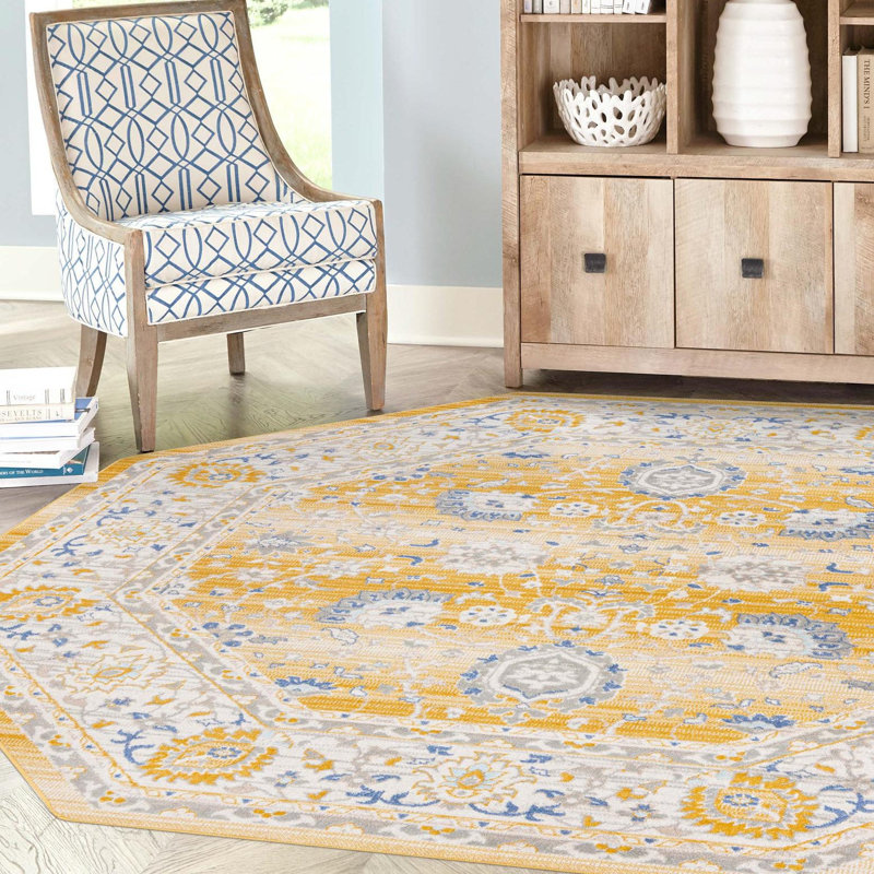 Tapis oriental toscan jaune Xion, Octogone 7 pi x 7 pi