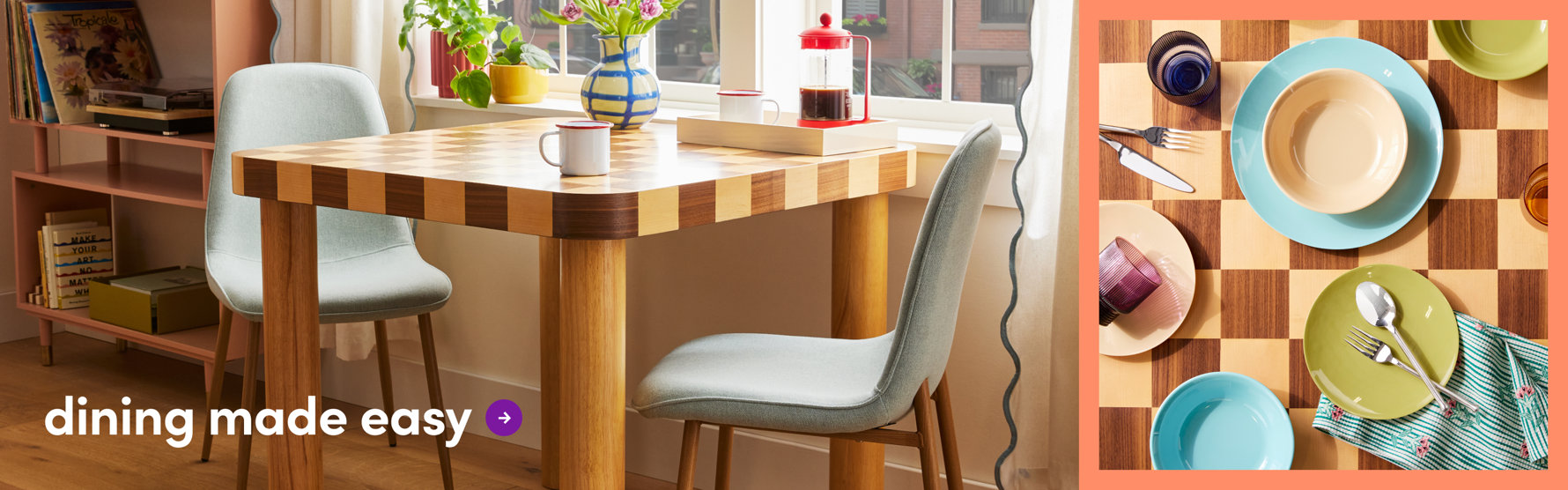 Modern dining area with checkered wood table, gray upholstered chairs, colorful dishware and place settings