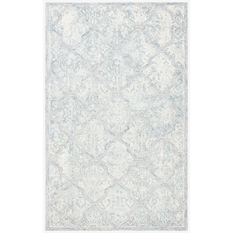 Restoration Vintage Hand Tufted Wool/Viscose Pile Geometric Rug in Blue/Ivory, Rectangle 8' x 10'