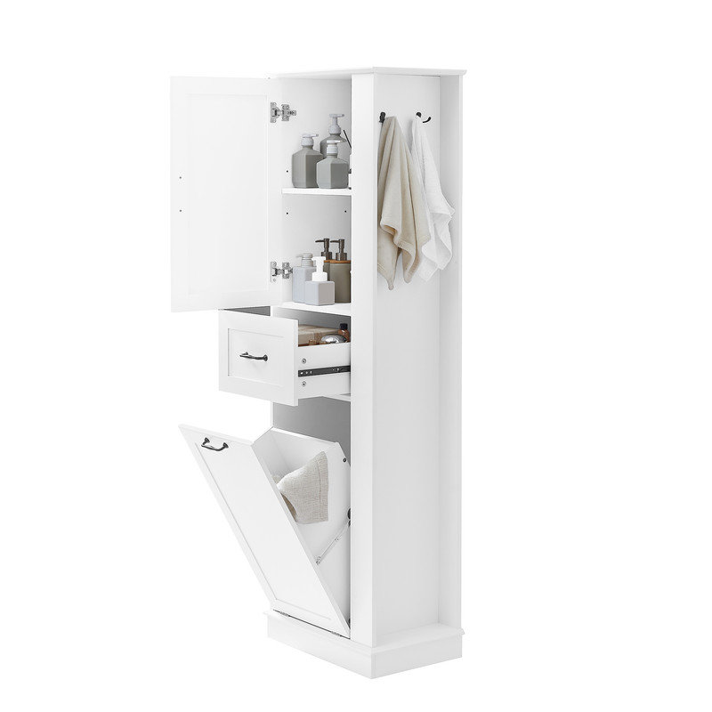 63.8" Tall Bathroom Cabinet With Tilt-Out Compartment,Linen Cabinet Side Hooks, Gray