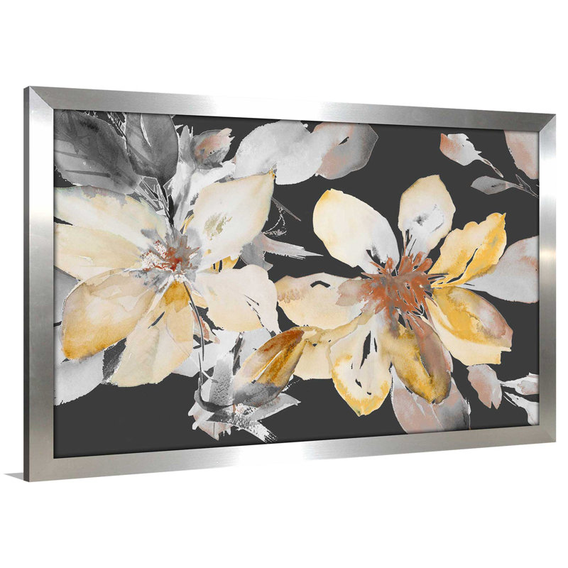 « yellow clematis on grey », reproduction de peinture à l’aquarelle encadrée en acrylique, H 37,5 po x l 37,5 po x P 1 po
