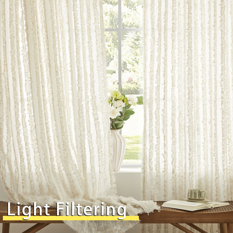 Linen blend striped privacy sheer curtains, Back Tab Rod Pocket Striped Tulle Curtains (Set of 2), 52"W x 63"L (Pack of 2)