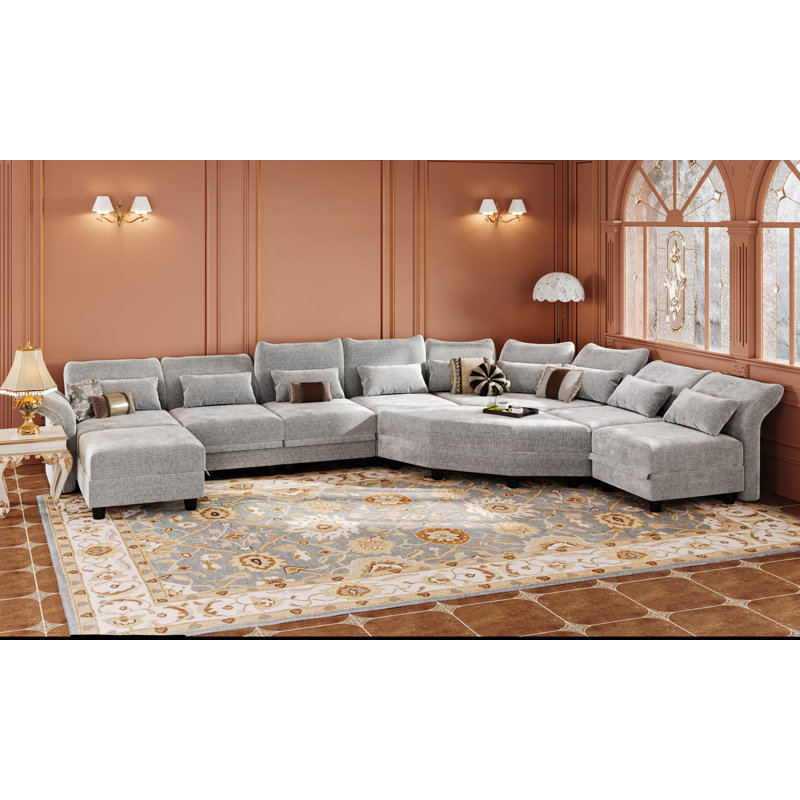 Ahren 8 - Piece Upholstered Chenille Modular L-Shaped Corner Sectional Sofa With Ottoman, Grey Chenille