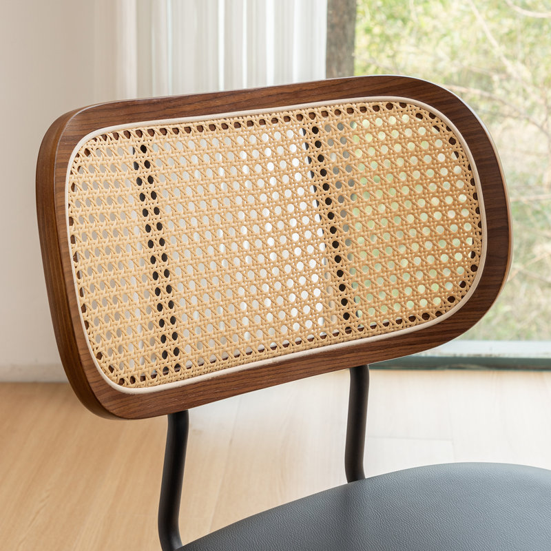 Chaise de salle à manger en cuir avec dossier en rotin Basilina (ensemble de 4), Noir