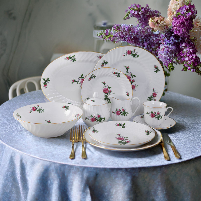 Service de table en porcelaine 45 pièces Rhona, garniture rose et garniture or 24 carats Rhona (service pour 8)